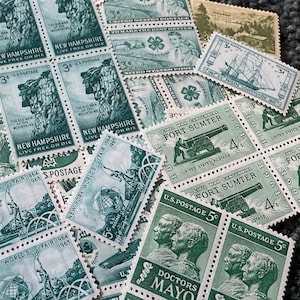 100 Unused Green Vintage  stamps Unused  mint vintage green stamps from the 1940s and 1950 mostly 3 cent stamps Post office fresh. wedding