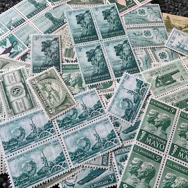 50  Unused Green Vintage  stamps Unused  mint green stamps from the 1940s and 1950 mostly 3 cent stamps Post office fresh  vintage green