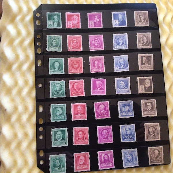 1940   Vintage FAMOUS AMERICANS unused mint set of 35 vintage postage stamp 80 year old stamps unused collection in safety page Fresh unused