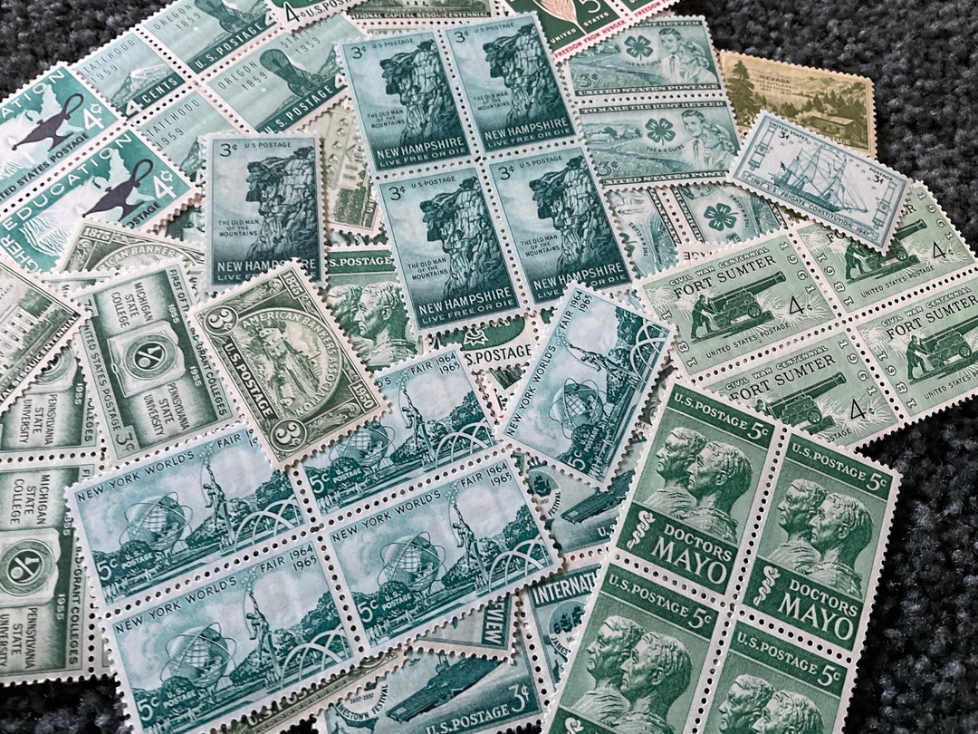 100 Unused Green Vintage Stamps Unused Mint Vintage Green Stamps From