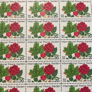50 unused Vintage International Peace Garden stamps roses and leaves mint state bright colors fresh unused stamps invitations weddings
