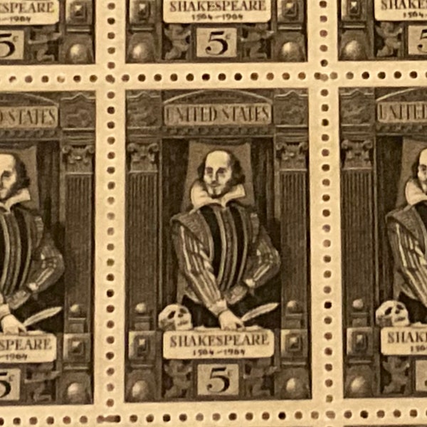 12 Unused William Shakespeare postage stamps #1250 vintage post office fresh # 12 unused mint stamps deep coffee brown color