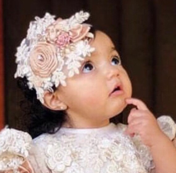 Ivory Christening Baby Headband Baptism Hair Bow Flower Band Etsy