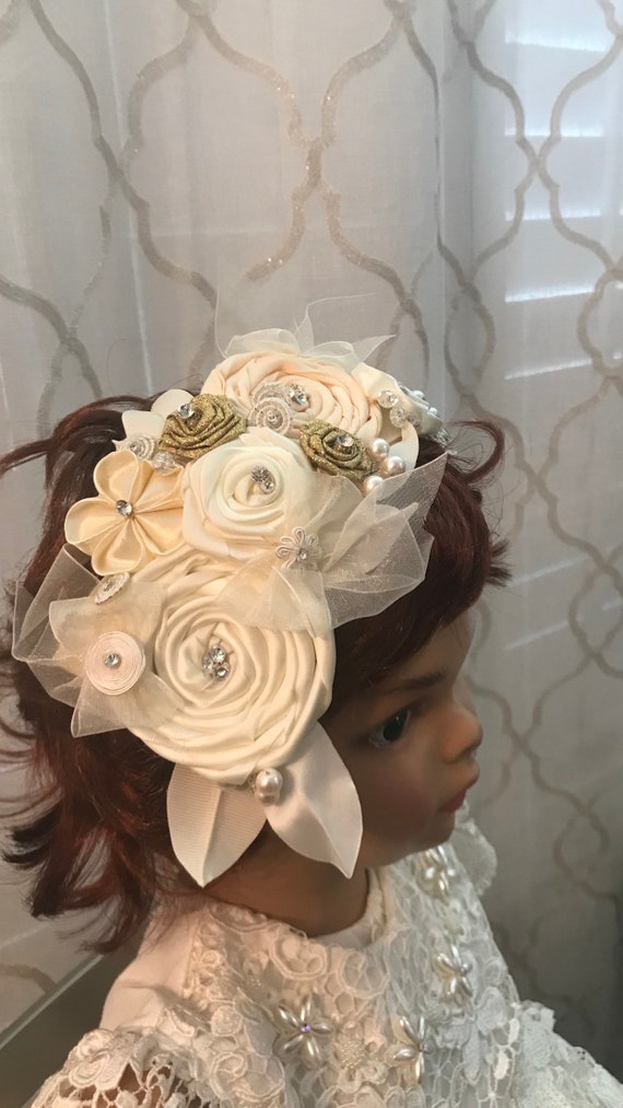 Ivory Christening Baby Headband Baptism Hair Bow Flower Band Etsy