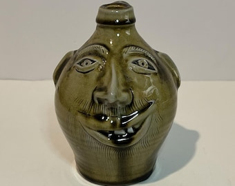 Vtg Joel Huntley LUSTER Smile Face Pottery Jug Glazed 7" Signed Folk Art