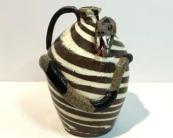 Vtg Albert Hodge Snake Pottery Jug Serpent Signed Stripes Handle Reptile 8.5"