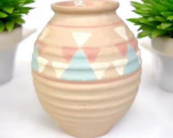 Haeger Clay Art Pottery Vase Southwest Pink Blue Vintage 1986 Geometric Shapes
