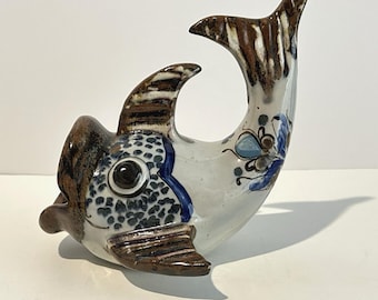 Ken Edwards Mexican Pottery Tonala Fish Folk Art Flowers Floral Signed Nautical