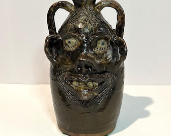 Marie Rogers Double Face Pottery Jug Two Handles Signed 9.75" Southern Folk Art