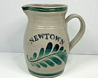Vtg Newtown Pottery Pitcher Green Gray Signed Leaves Serveware Jug