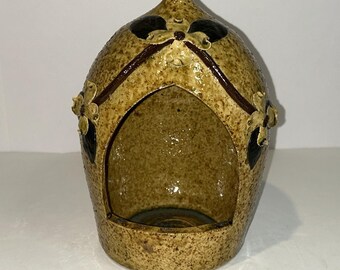 Vtg Todd Hewell Pottery Standing Birdhouse Signed Floral Flower Yard Garden