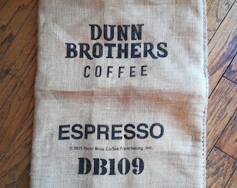 Burlap coffee bag. Upholstery, craft supply, wall hanging.  Espresso. Burlap fabric. Dunn Brothers coffee sack. Jute. Diy. Printed burlap.