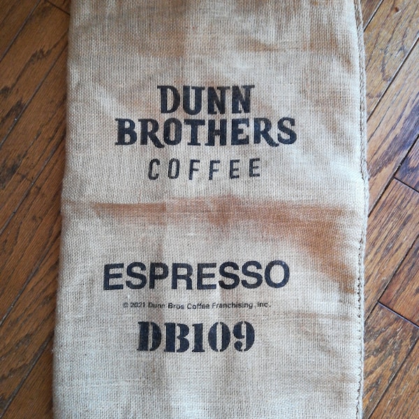 Burlap coffee bag. Upholstery, craft supply, wall hanging.  Espresso. Burlap fabric. Dunn Brothers coffee sack. Jute. Diy. Printed burlap.