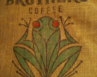 Costa Rica burlap coffee bag, Dunn brothers, jute sack, upholstery, craft fabric, wall hanging, diy burlap, frog picture, gunny sack