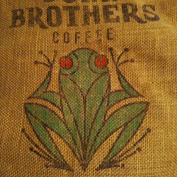 Costa Rica burlap coffee bag, Dunn brothers, jute sack, upholstery, craft fabric, wall hanging, diy burlap, frog picture, gunny sack