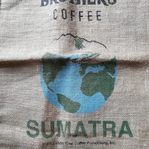 Burlap coffee bag,  Sumatra, Wall hanging, globe, home decor, upholstery material,  Crafting, DIY, hemp, jute, Dunn Brothers printed bag
