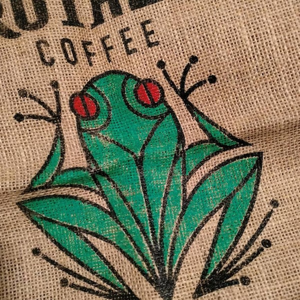 Bolsa de café de arpillera de Costa Rica, estampado de ranas de los hermanos Dunn, saco de yute, tapicería, tela para manualidades, tapiz de pared, saco de yute