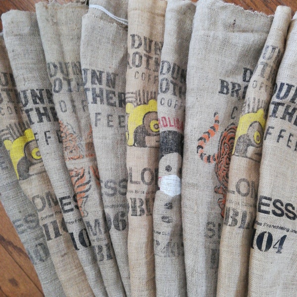 10 Burlap coffee sacks, seconds, assorted flawed bags, upholstery, Dunn Brothers, jute bags, printed burlap, lot of 10 assorted burlap bags