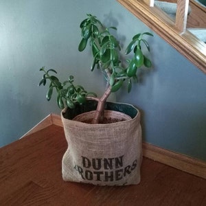 Planter, burlap pot cover, fabric plant bag, collapsible container, upcycled coffee bean bag, recycled, water resistant liner, coffee sack