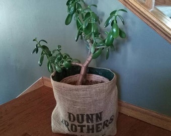 Planter, burlap pot cover, fabric plant bag, collapsible container, upcycled coffee bean bag, recycled, water resistant liner, coffee sack