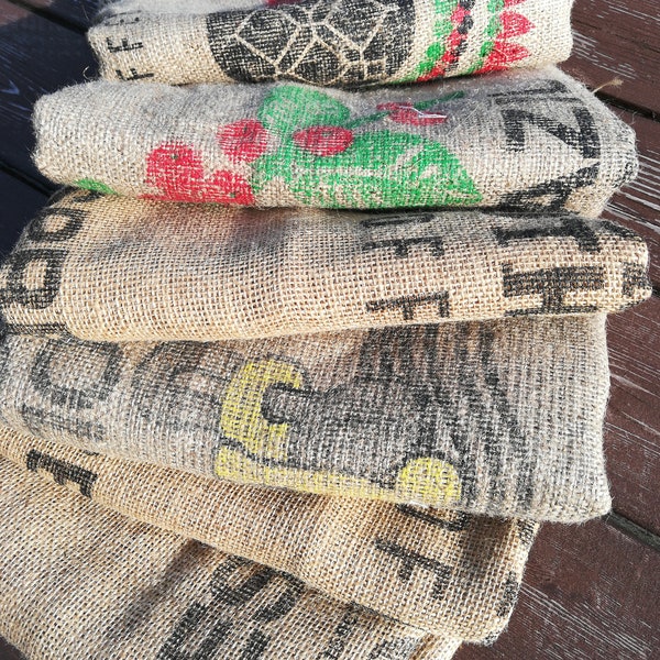 Burlap coffee bag lot of 6, Brazil, Ethiopia, Colombia, espresso, Dunn Bros bags, discounted bags, wall hanging, upholstery