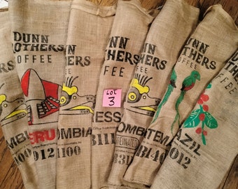 Lot of 7 coffee bags, some flaws, espresso, Peru, Guatamala, Colombia dragon, Guatamala, upholstery, Dunn Brothers, wall art, bulk burlap #3