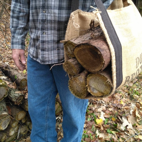 Log carrier, fireplace log tote, firewood, camping, rustic log holder, repurposed burlap coffee bag, log bag, campfire wood carrier 2 styles