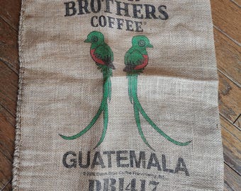 Burlap bag, Guatemala coffee bean sack, upholstery material, Craft fabric, parrots, coffee house decor, wall hanging, diy jute, hemp, Dunn