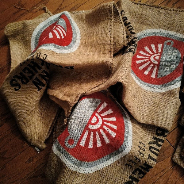 Christmas burlap coffee bag, Dunn Brothers, holiday decor, seasonal burlap, tree skirt material, fabric for stockings