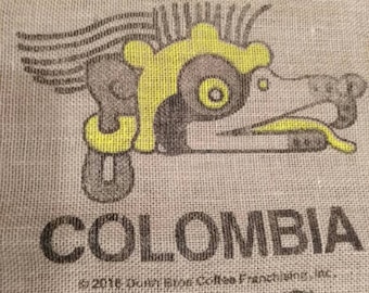 Colombia Burlap Coffee Sack,  Wall Hanging, Yellow Dragon Print, Upholstery Crafting