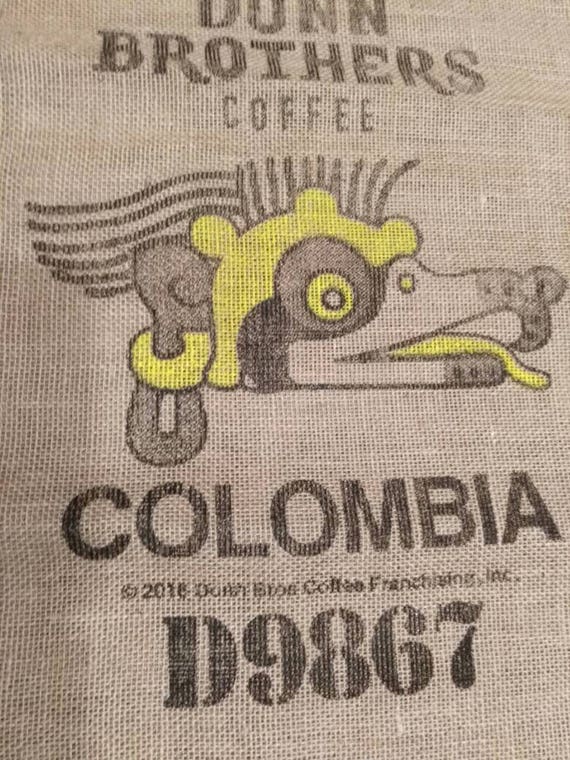 Burlap coffee bag,  Wall hanging, printed coffee sack, upholstery, Crafting, Rustic, DIY, Bulk, yellow dragon, hemp, jute. Colombia, sisal