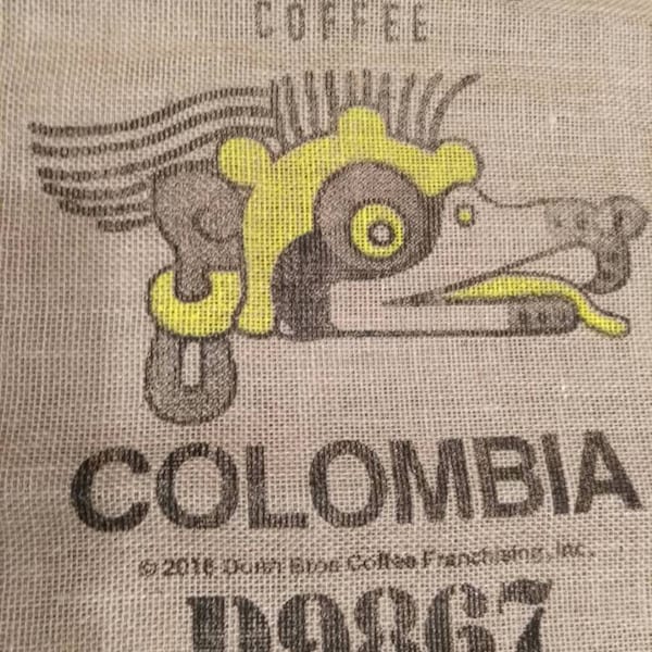 Jute-Kaffeesack, Wandbehang, bedruckter Kaffeesack, Polster, Basteln, Rustikal, DIY, Gelber Drachen, Hanf, Jute. Kolumbien, Sisal