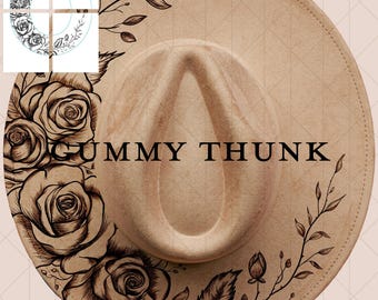 Roses Detailed Printable Hand Burning Design Wide Brim Hat PNG Only