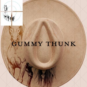 May include: A tan-colored fedora-style hat with a horse illustration and the text "GUMMY THUNK". The hat has a wide brim and a pinched crown. The horse illustration is in shades of brown and black.