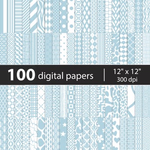 French Blue Digital Paper Pack (100 files) printable background bundle scrapbook sheets, light pale blue patterns, Free Commercial Use