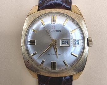 Vintage HELBROS Self-Wind Automatic 1970s Date-Day Second Hand Watch Men's Gold-Tone Swiss