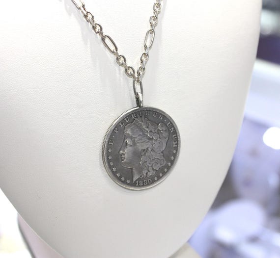 Antique Silver 925 Coin Necklace Year 1880 Liberty One Dollar 37.8 