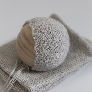 Knit alpaca silk Bonnet and Matching Wrap Set in light gray, Knit Bonnet and wrap set, photography prop Newborn Photography Prop, Photo Prop
