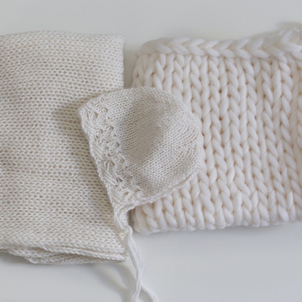 Off White knit Bonnet and Matching Wrap Set, Newborn Photography Knit Props, Knit Baby Bonnet & Wrap,