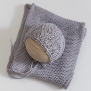 Purple Knit Bonnet with Matching Wrap, Knit wrap and bonnet set, alpaca silk wrap Newborn Photography Prop - additional colors!