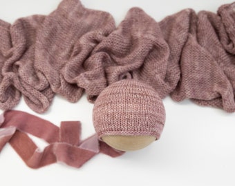 Mauve knit Bonnet and Matching Wrap Set, Newborn Photography Knit Props, Knit Baby Bonnet & Wrap