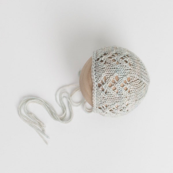 Knit baby bonnet, LaceKnit Newborn Photography Bonnet, Knit photography prop, neutral