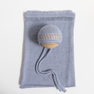 Blue Knit Bonnet with Matching Wrap, Knit wrap and bonnet set, Newborn Photography Prop