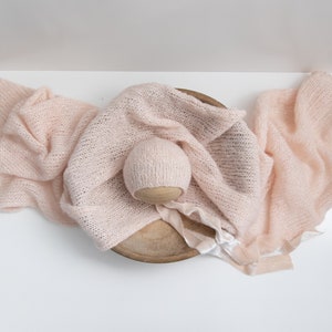Pink Knit Bonnet with Matching Wrap, Knit wrap and bonnet set, Newborn Photography Prop, velvet ties