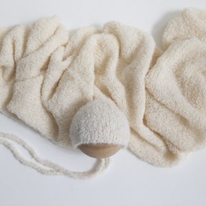 Fuzzy cream Knit Bonnet with Matching Wrap, Knit wrap and bonnet set, Newborn Photography Prop