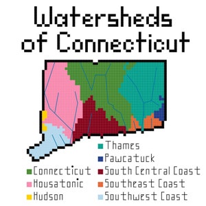 May include: A map of Connecticut showing the watersheds of the state. The map is divided into six different colors, each representing a different watershed: Thames, Pawcatuck, Connecticut, Housatonic, Hudson, Southeast Coast, and Southwest Coast.