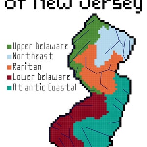 May include: A map of New Jersey showing the different watersheds. The watersheds are colored green, light blue, orange, maroon, and teal. The map is labeled "Watersheds of New Jersey".