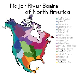 May include: A map of North America showing the major river basins. The map is color-coded to show the different basins, including the Pacific Ocean, Yukon River, Fraser River, Columbia River, Great Basin, Colorado River, Arctic Ocean, Mackenzie River, Hudson Bay, Nelson River, St. Lawrence River, Atlantic Ocean, Mississippi River, Gulf of Mexico, Rio Grande, El Salado, and Caribbean Sea.