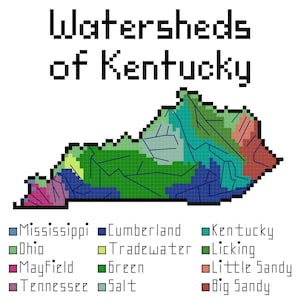 Puede incluir: Un mapa pixelado de Kentucky que muestra las diferentes cuencas hidrográficas del estado. Las cuencas hidrográficas están codificadas por colores y etiquetadas: Mississippi, Ohio, Mayfield, Tennessee, Cumberland, Tradewater, Green, Salt, Kentucky, Licking, Little Sandy y Big Sandy.
