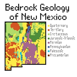 May include: A map of New Mexico showing the bedrock geology of the state. The map is color-coded to show the different geological periods, including Quaternary, Tertiary, Cretaceous, Jurassic-Triassic, Permian, Pennsylvanian, Paleozoic, and Precambrian.